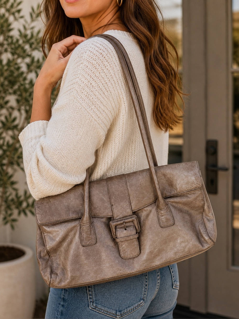 HOBO International Taupe Leather Shoulder Bag Buckle Flap Patina Purse